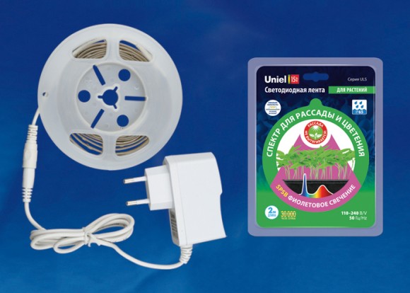 Комплект светодиодной ленты UNIEL 2 м в блистере. Адаптер 18 Вт. Спектр для рассады и цветения